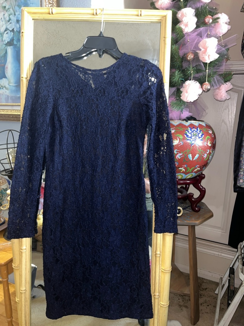 ZARA Navy Lace Long-Sleeve Sheath Dress